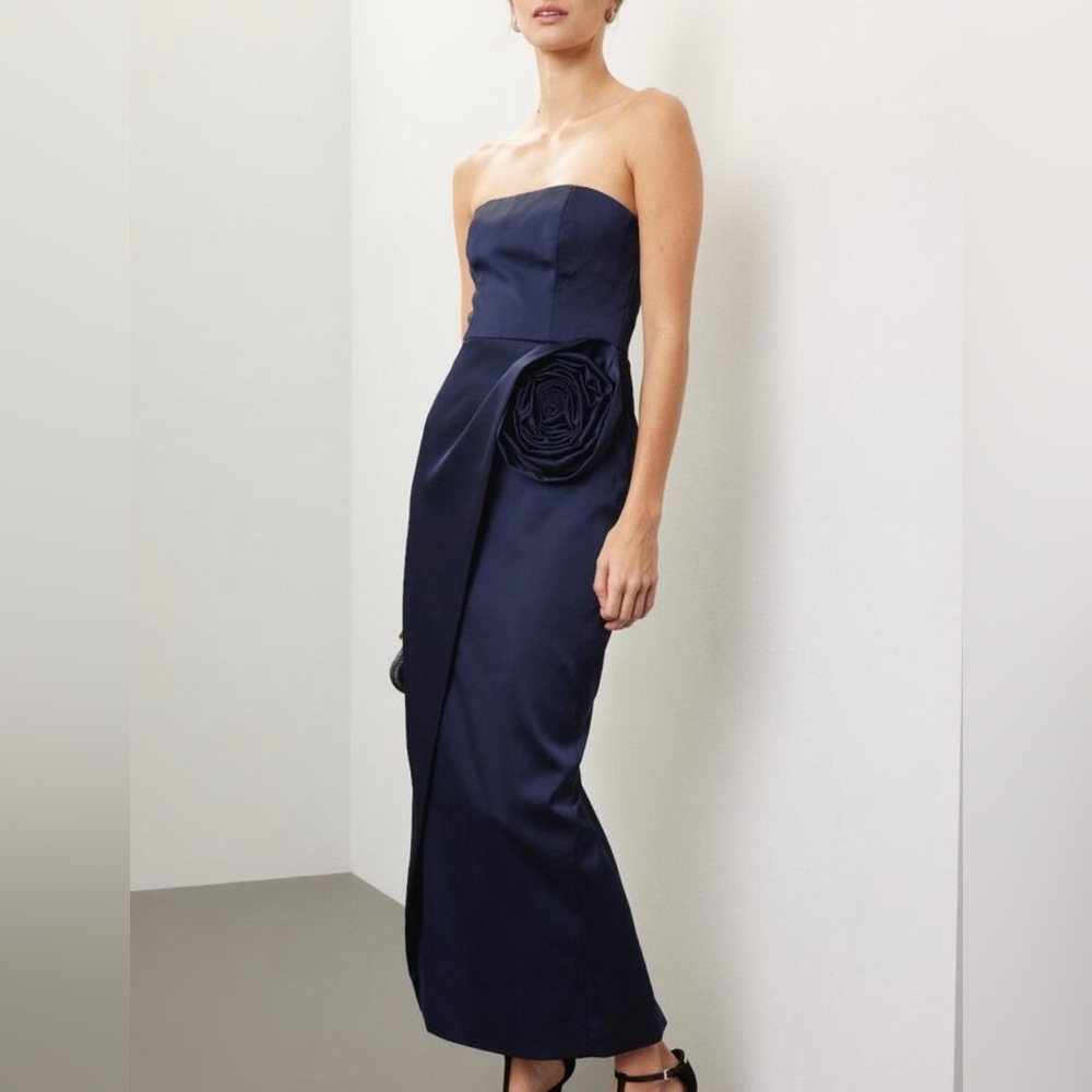 Ronny Kobo Pradova Dress Strapless Navy Blue Rosette Maxi Satin Formal Gown Sz M
